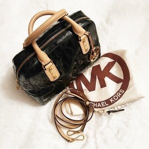 Michael Kors Embossed Sm. Satchel Patent Leather Black with tan leather handles.